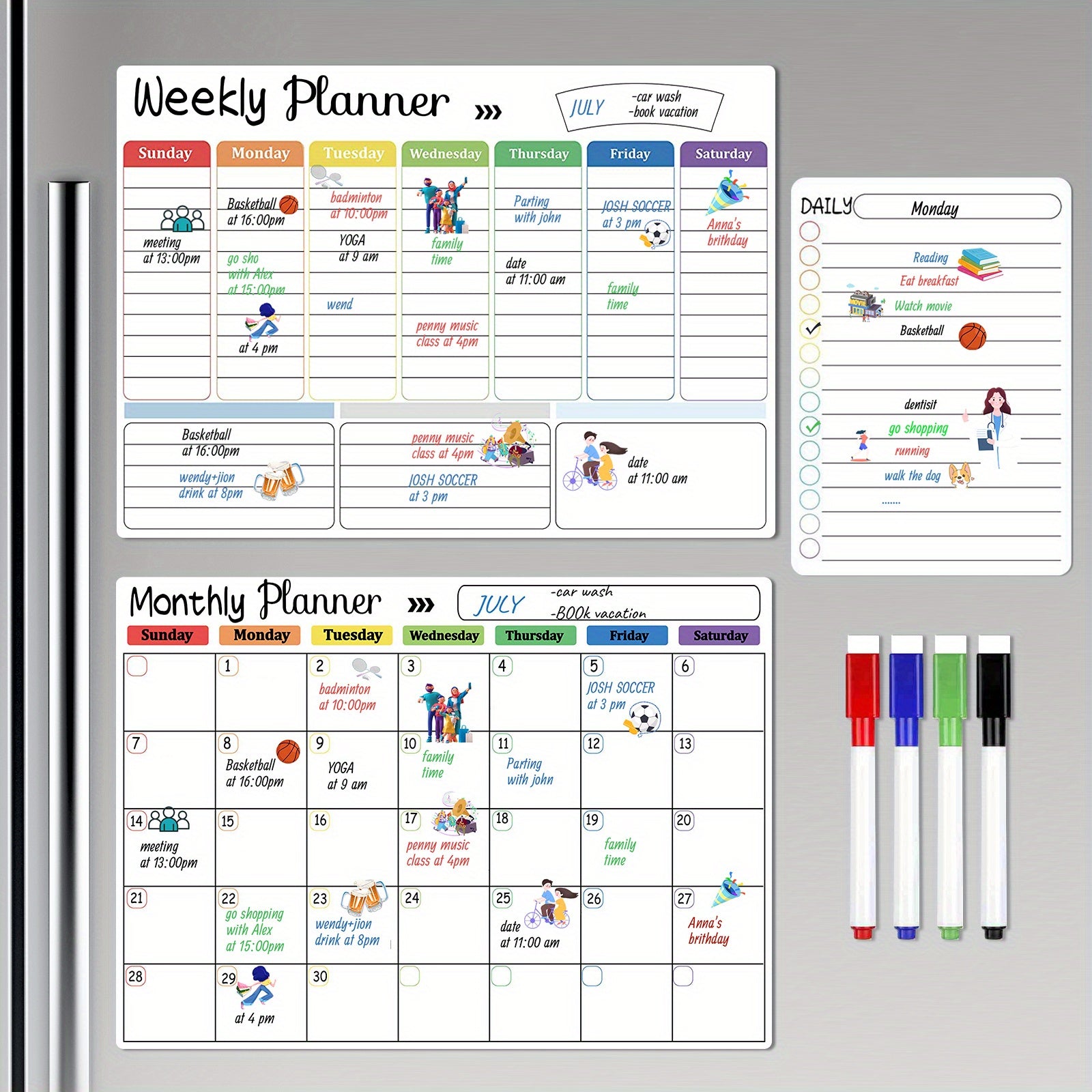 3pcs Magnetic Dry Erase Fridge Calendar Weekly Planner
