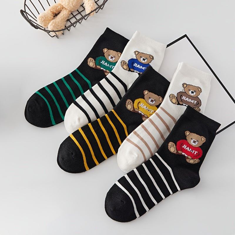 5 Pairs Cartoon Bear Print Crew Socks Women's Stockings