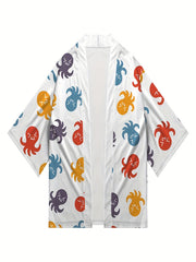 Japanese Octopus Pattern Kimono Jacket V Neck Short Sleeve Coat