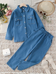 Girls' Denim Suit Long Sleeve Shirt Elastic Waist Jeans Set