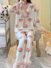 Peach Pattern Pajama Set Long Sleeve Top & Pants Women's Sleepwear