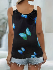 Butterfly Print Lace Panel Scoop Neck Tank Top
