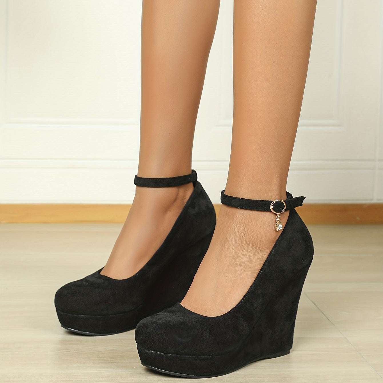 Women's Stylish Wedge Heel Shoes Buckle Strap Platform Heels Suede Party Pumps