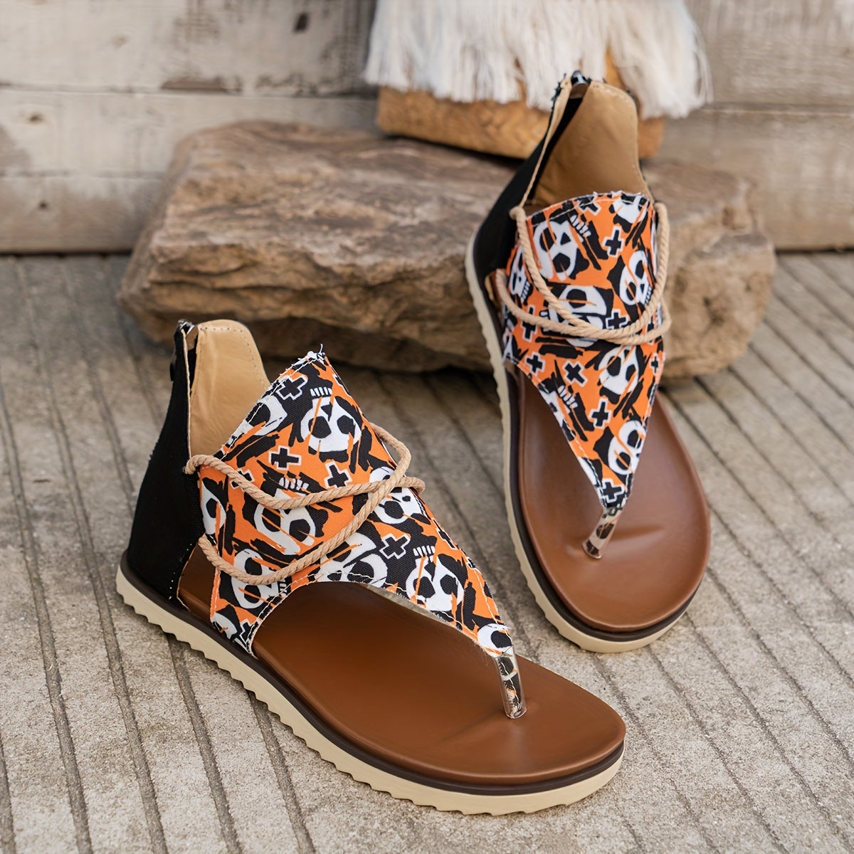 Skull Pattern Cross Strap Cutout Thong Sandals for Women