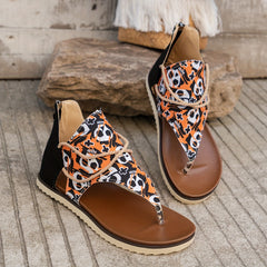 Skull Pattern Cross Strap Cutout Thong Sandals for Women