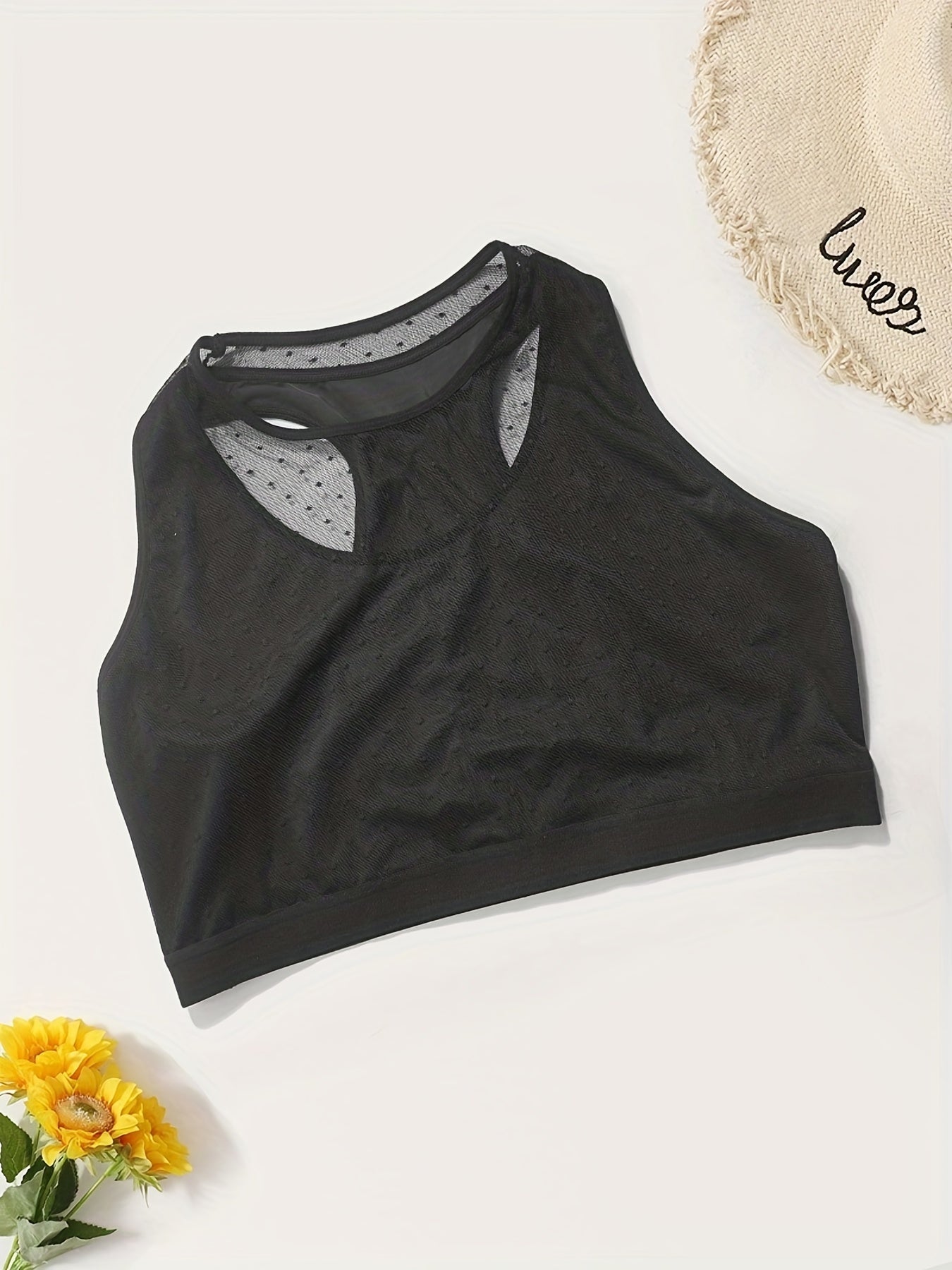 Sports Bra Contrast Dot Mesh Round Neck Stretch Fitness Bra