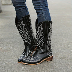 Embroidered Western Mid Calf Boots Cowgirl Pointed Toe Low Heel Slip On Boots