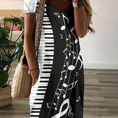Music Note Print V-Neck Dress With Pockets