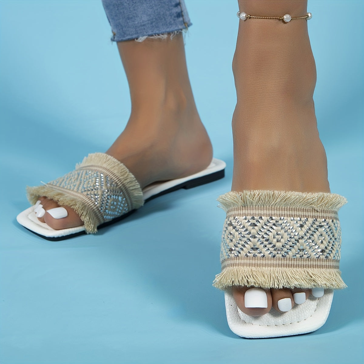 Women's Casual Tassel Flat Slides Square Open Toe Non Slip Shoes