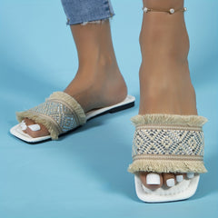 Women's Casual Tassel Flat Slides Square Open Toe Non Slip Shoes