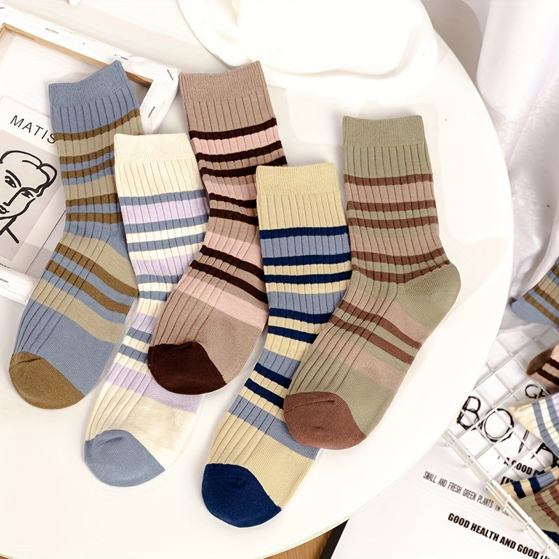 5 Pairs Striped Crew Socks Comfortable & Breathable All Match Women's Stockings