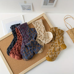 6 Pairs 3D Floral Textured Socks Retro Court Style Mid Tube Socks