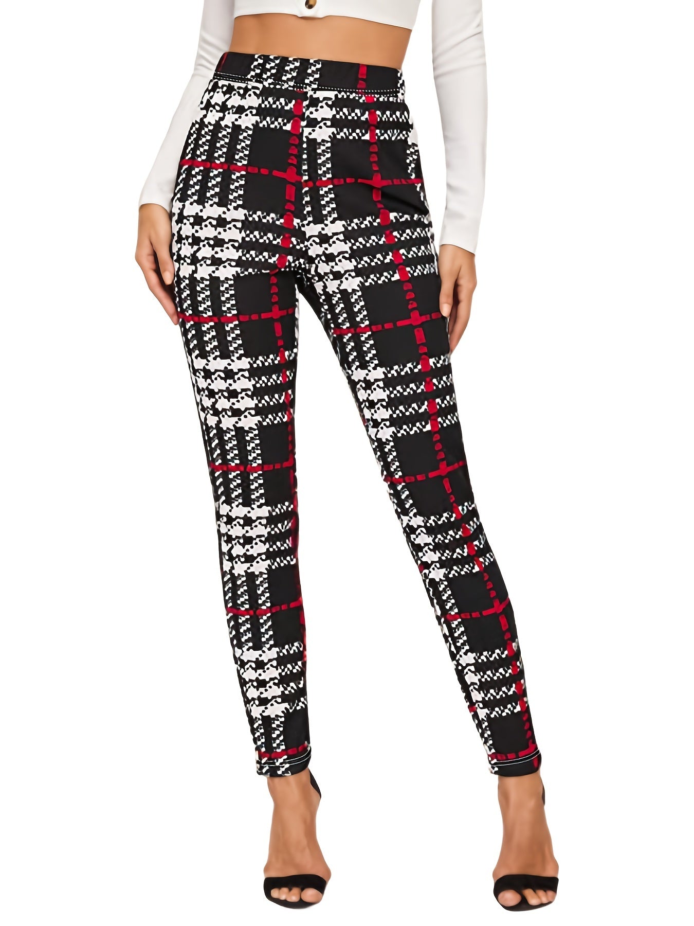High Waist Plaid Skinny Leggings Stretchy Casual