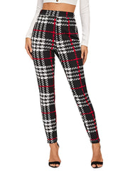 High Waist Plaid Skinny Leggings Stretchy Casual