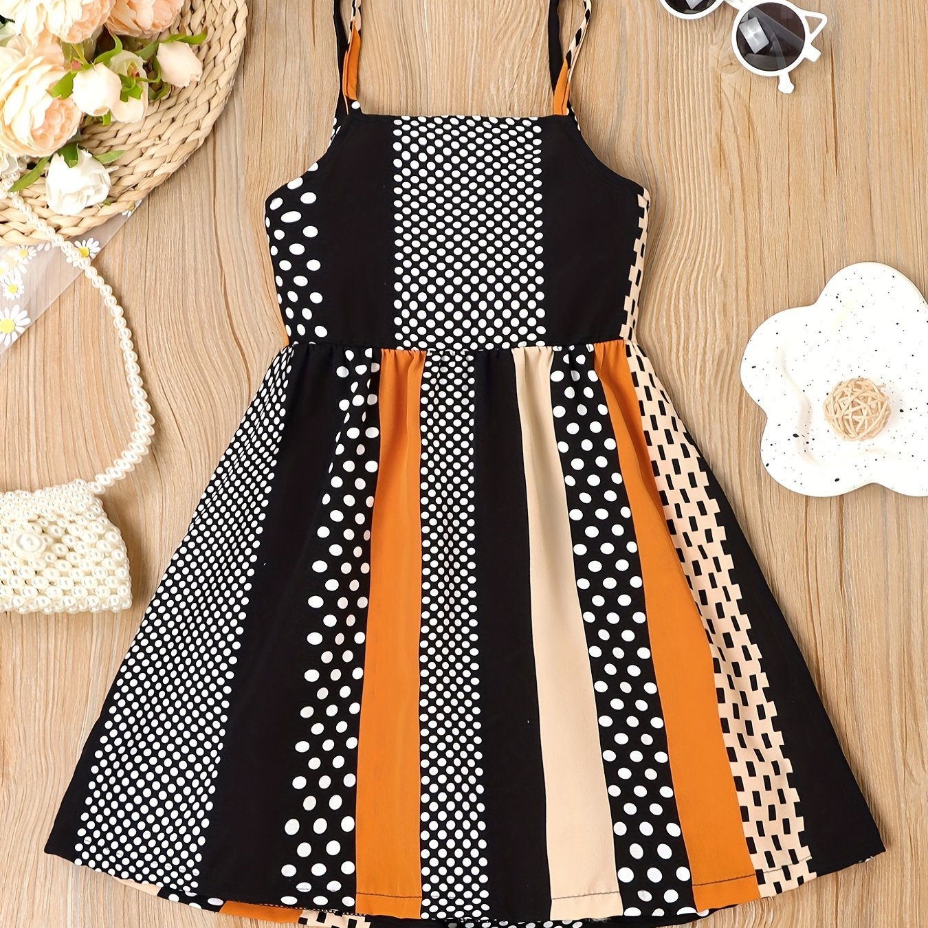 Girls Summer Cami Dress Block Striped Polka Dot Backless Strappy