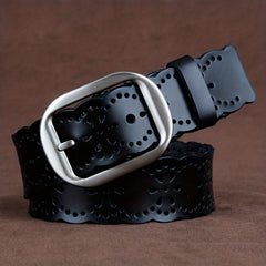 Vintage Leather Flower Belt Oval Buckle Waistband