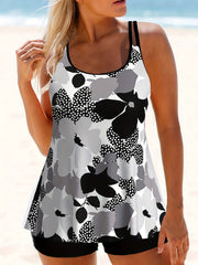 Vacay Tankini Set Floral & Dot Print Scoop Neck Top & Shorts Swim