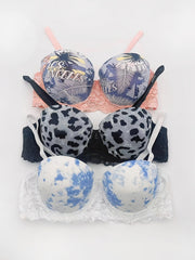 3 Pcs Women's Printed Cup Bras Top Thin Bottom Underwire Bra