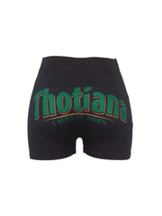 Colorblock Letter Print Skinny Yoga Shorts for Women