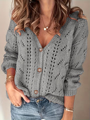 Hollow Solid Knit Cardigan Button Front Sweater
