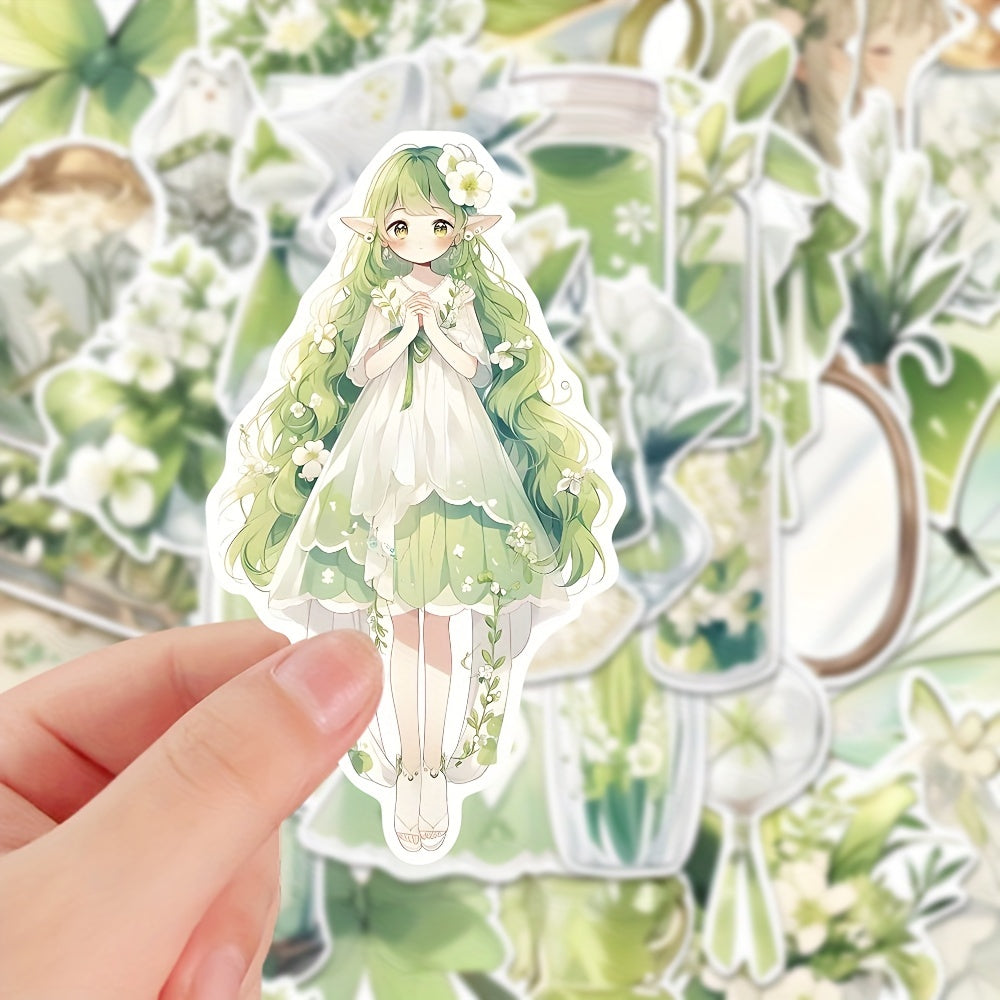 60pcs Green Flower And Elf PVC Cartoon Stickers For Kids Laptop Decoration