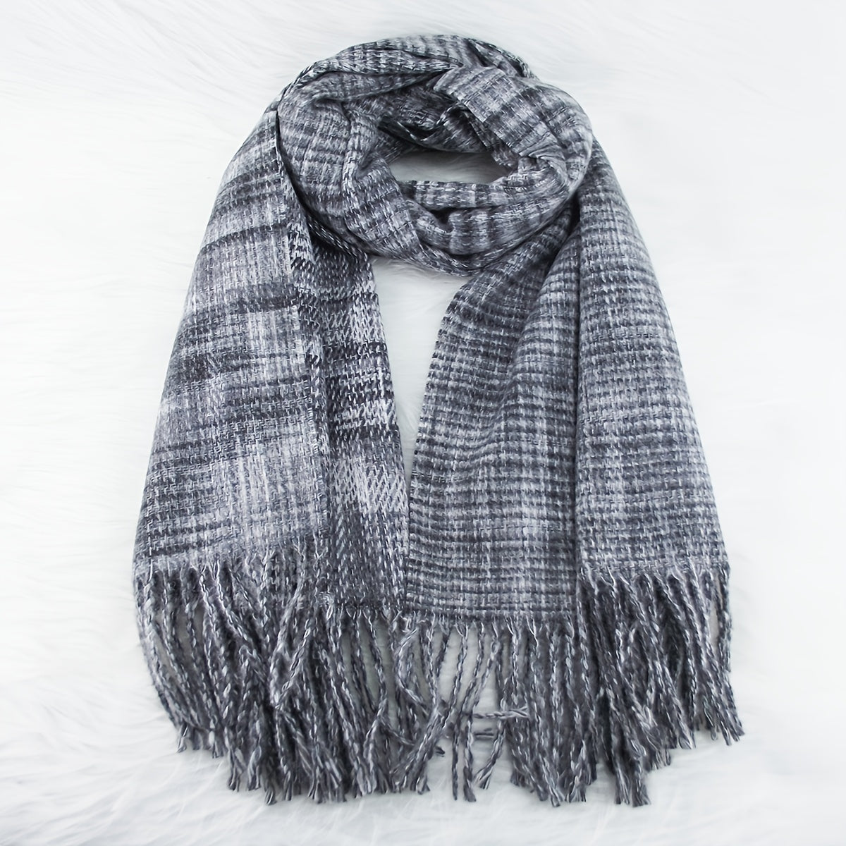 Vintage Grey Tassel Plaid Scarf Cashmere Shawl Women Windproof Headwrap