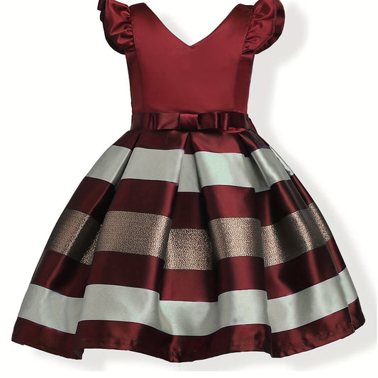 Toddlr Girls Striped Princess Dress Gown Ruffle Trim Bow Piano Performance