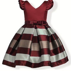 Toddlr Girls Striped Princess Dress Gown Ruffle Trim Bow Piano Performance