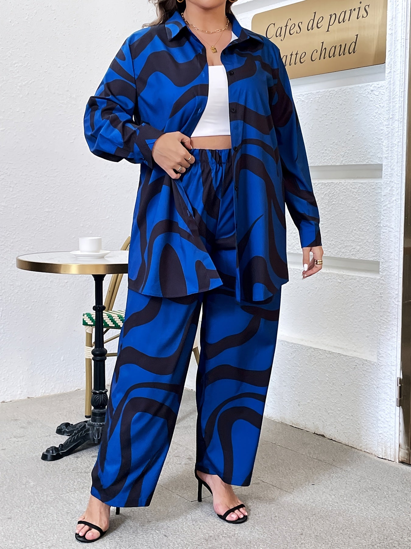 Abstract Stripe Print Shirt & Wide Leg Pant Set