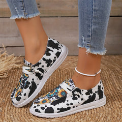 Women's Sunflower & Cow Print Canvas Loafers Casual Flat Sneakers
