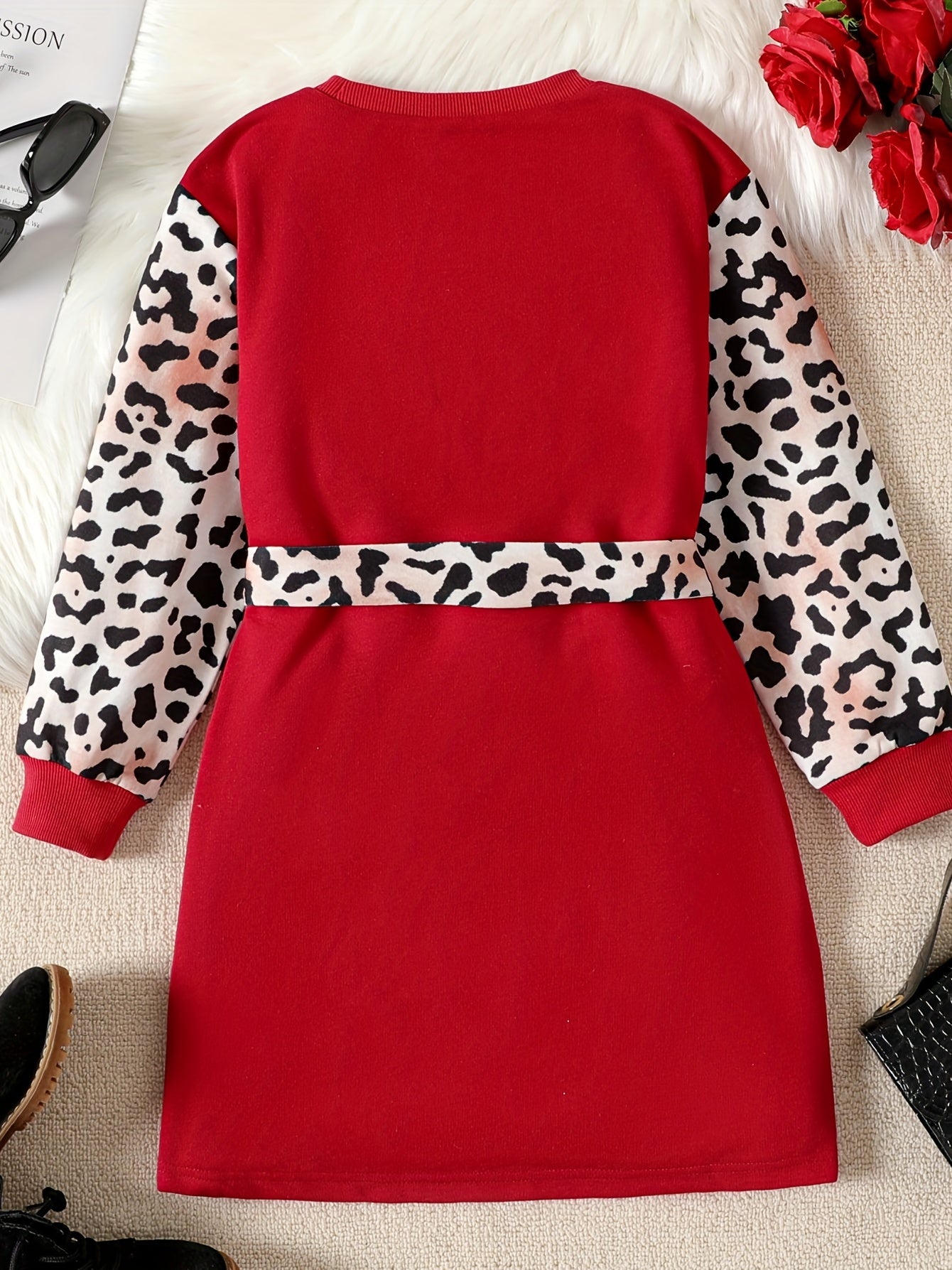 Kid Girl's Leopard Colorblock Print Long Sleeve Dress