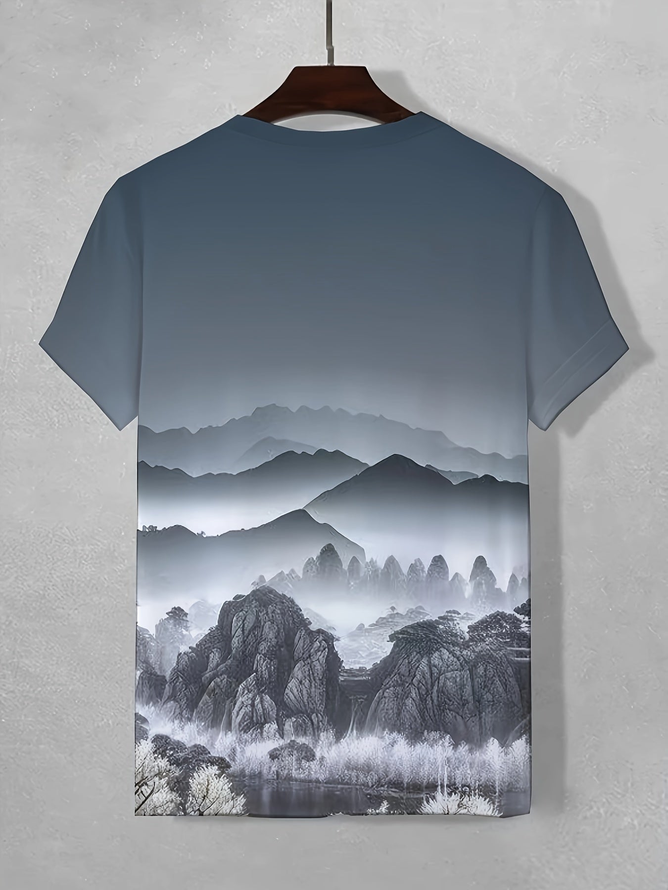 Mountain Print T shirt Men's Casual Street Style Stretch Tee Shirt