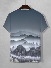 Mountain Print T shirt Men's Casual Street Style Stretch Tee Shirt