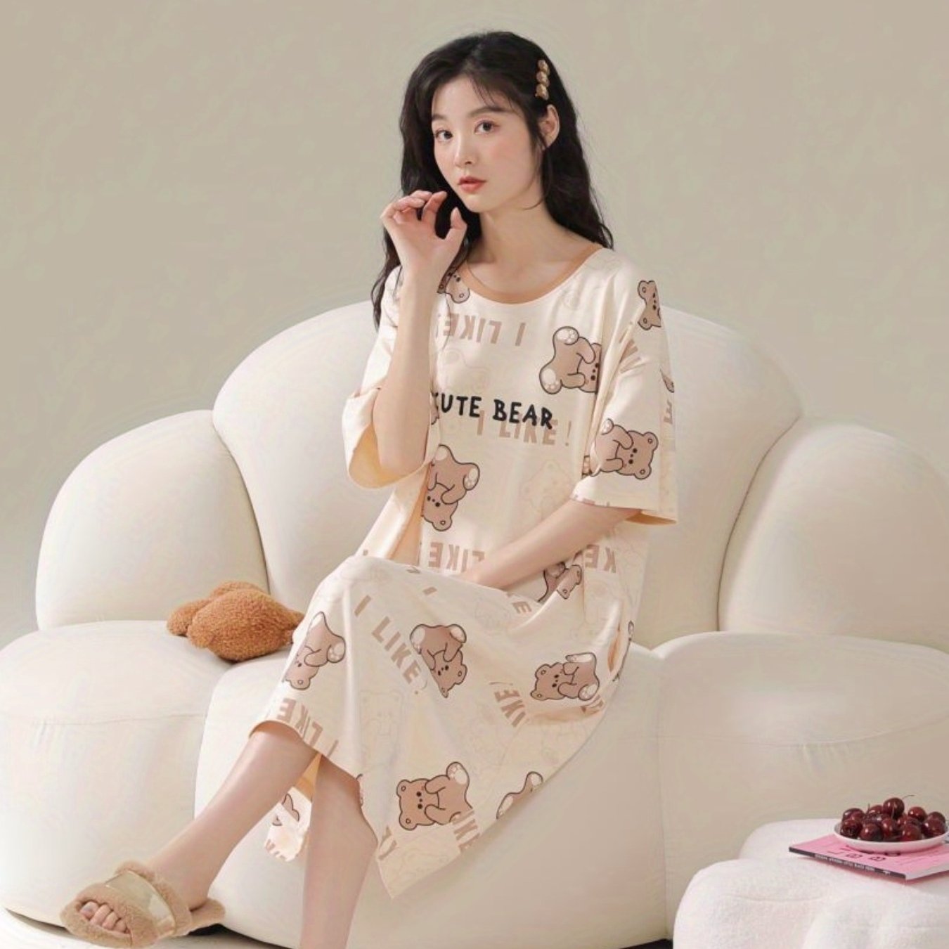 Cute Bear Print Nightdress Short Sleeve Crew Neck Sleep Dress