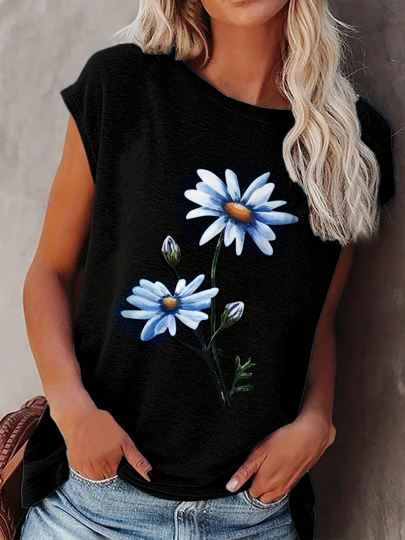 Floral Print Cap Sleeve Top Summer Crew Neck Casual Top