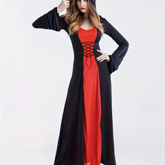 Colorblock Lace Up Bell Sleeve Hooded Maxi Dress
