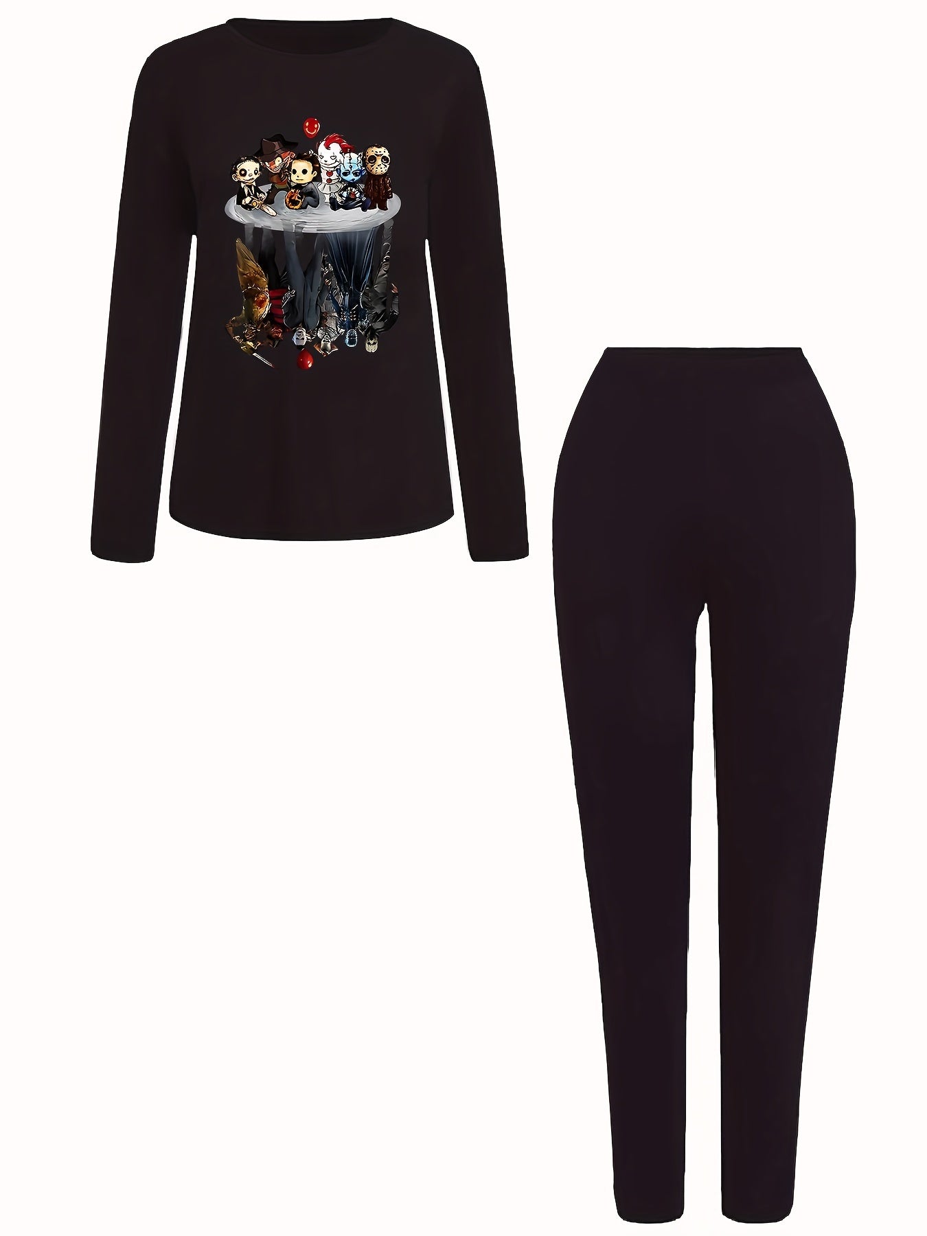 Horror Cartoon Figure Print Tee & Leggings Outfit Set