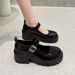 Women's Platform Round Toe Buckle Strap Chunky Heeled Loafers