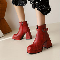 Women's Crocodile Ankle Boots Block Heel Side Zip Buckle Strap Retro Short Boots
