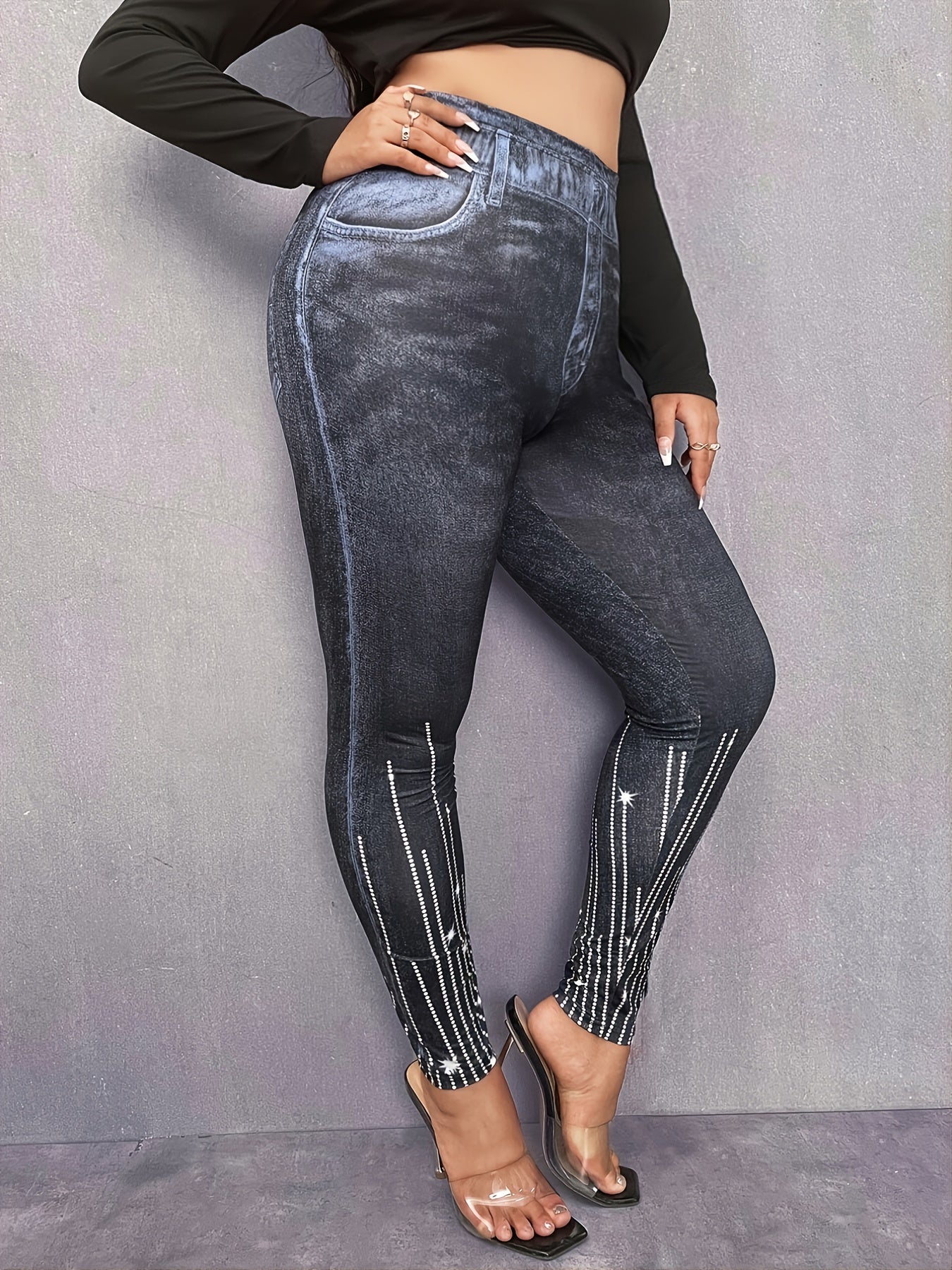 3D Denim Rhinestone Print High Rise Leggings Plus Size