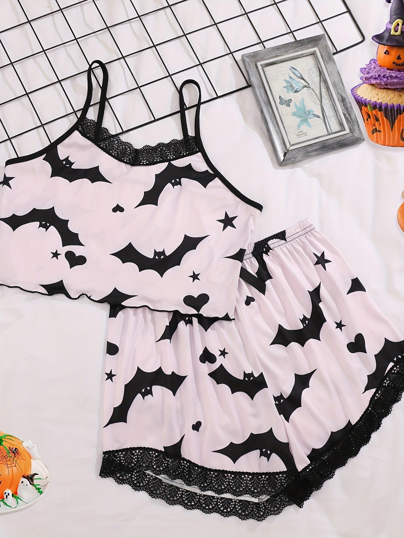 Bat Print Pajama Set Lace Trim Cami Top & Shorts Sleepwear