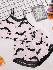 Bat Print Pajama Set Lace Trim Cami Top & Shorts Sleepwear