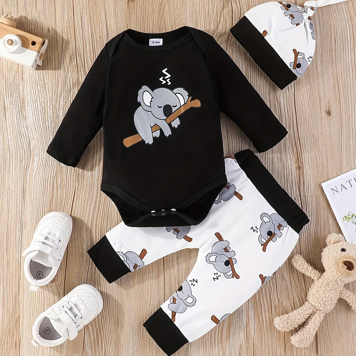 Baby Koala Printed Jumpsuit Top Full Printed Pants Hat 3pcs Set
