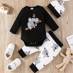 Baby Koala Printed Jumpsuit Top Full Printed Pants Hat 3pcs Set