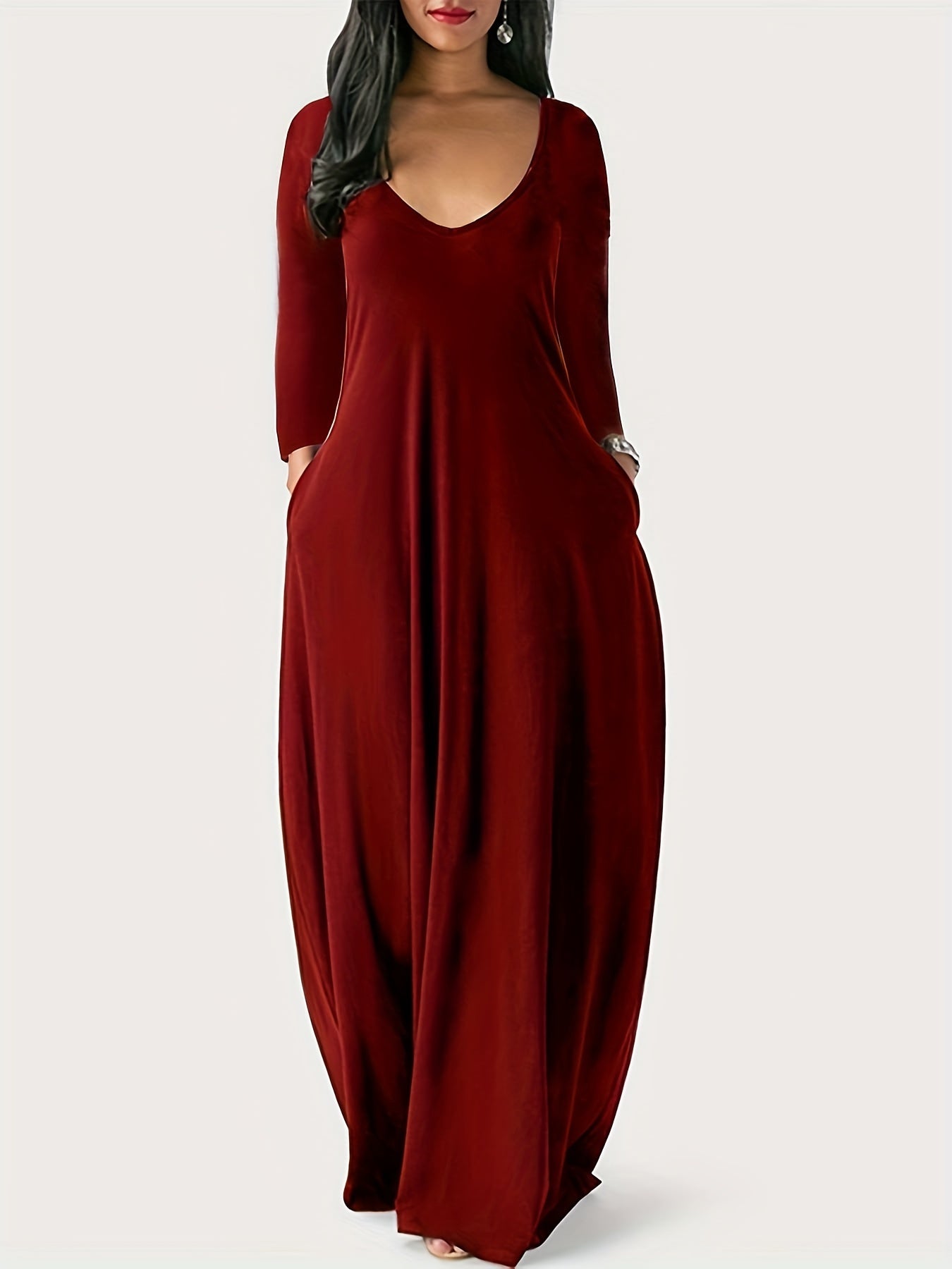 Solid Long Sleeve V Neck Maxi Dress
