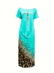 Casual Two Piece Skirt Set - Letter Print Top & Leopard Print Skirt