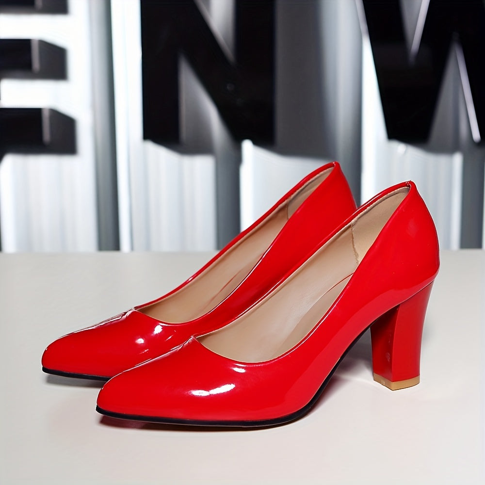 Red Chunky High Heels Pointed Toe Patent Leather Slip On Court Pumps