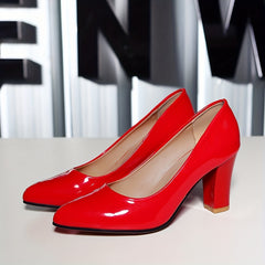 Red Chunky High Heels Pointed Toe Patent Leather Slip On Court Pumps