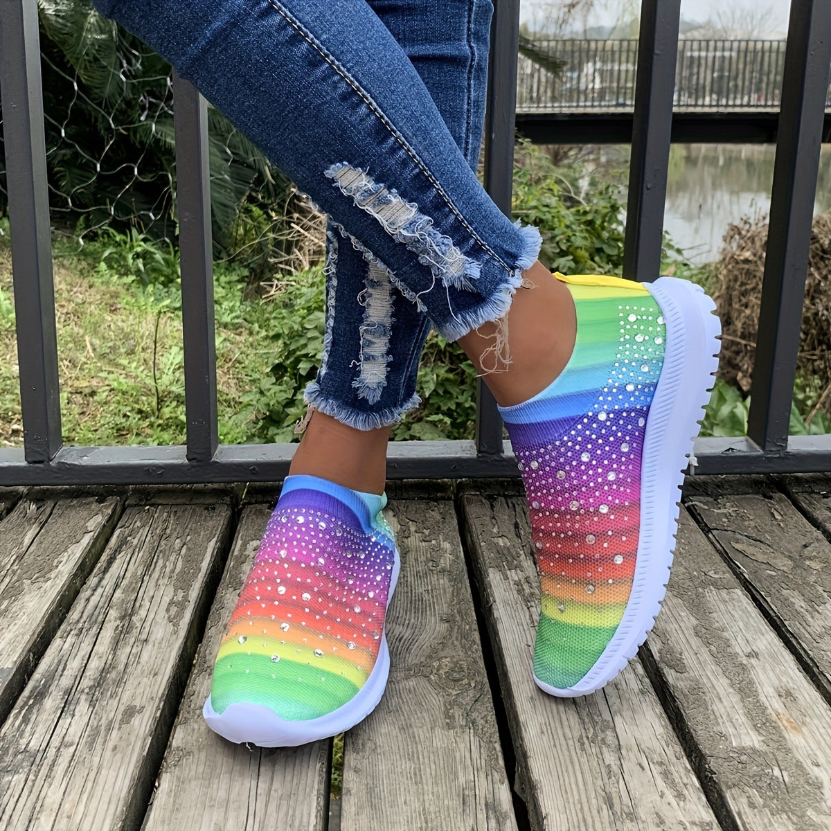Women's Lightweight Knit Sneakers Low Top Faux Rhinestone Solid Casual Shoes