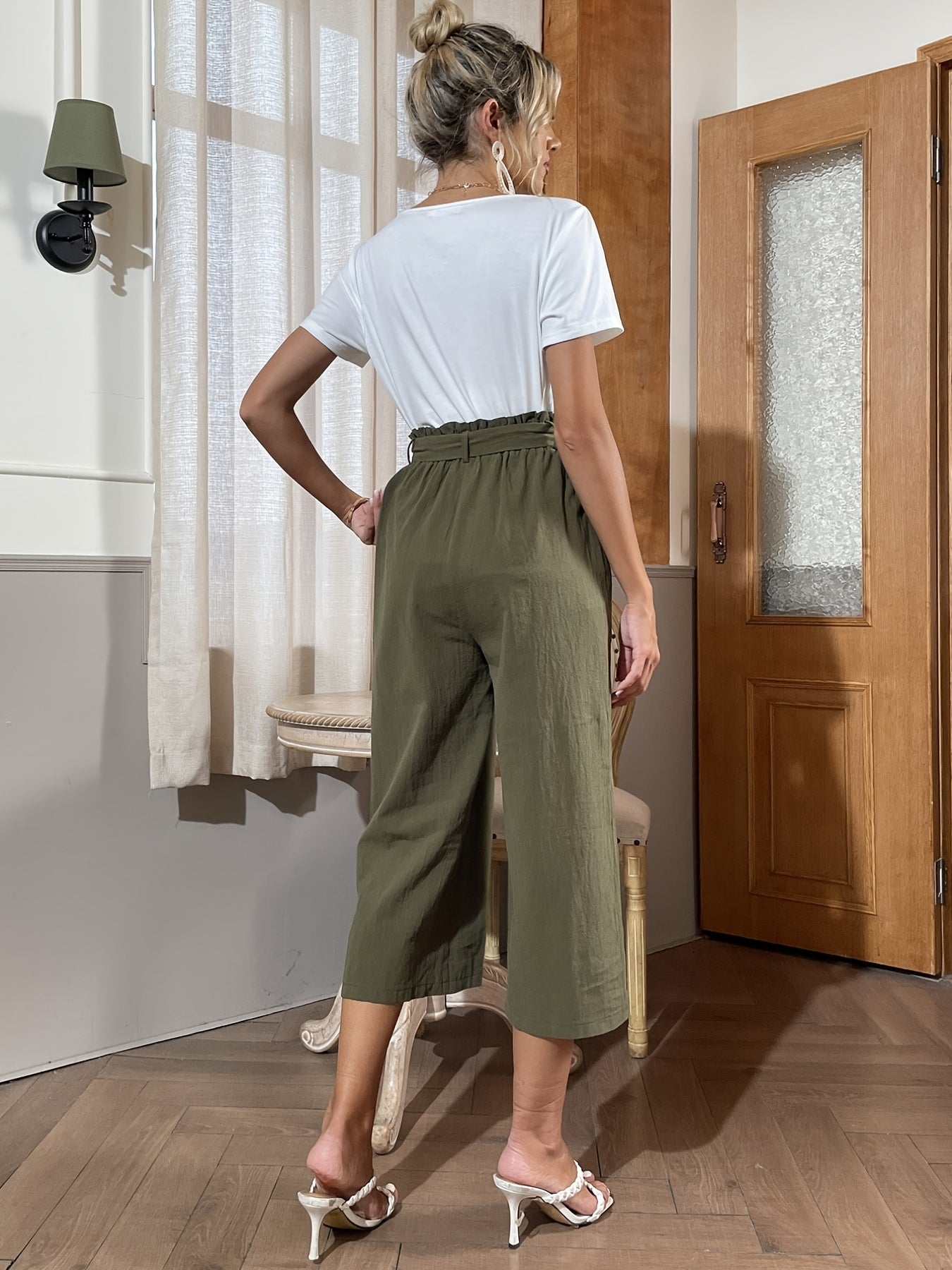 Casual Two Piece Set Button Front T-Shirt & Tie Front Crop Pants Outfits